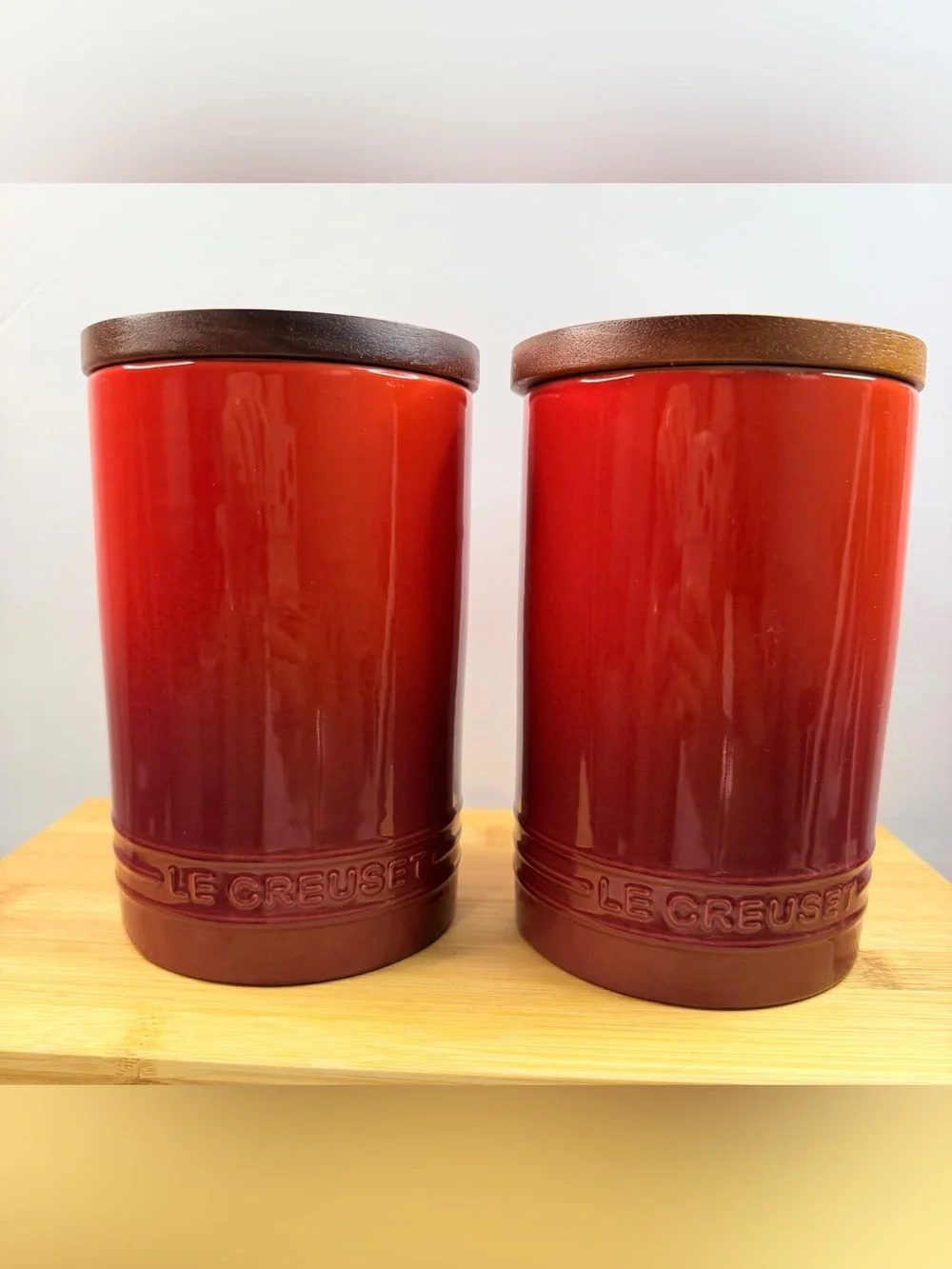 Le Creuset CERISE Stoneware Signature Storage Canister Wood Lid 26oz /770ml Set2